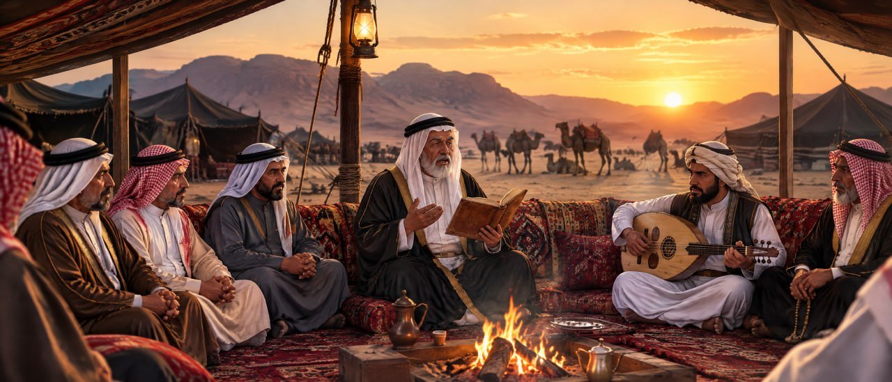 شيخ يروي حكاية لجلسائه حول النار عند الغروب وعازف عود إلى جانبه