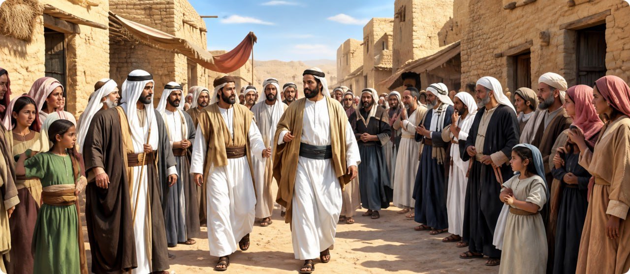 وجهاء يسيرون في أزقة قرية طينية قديمة